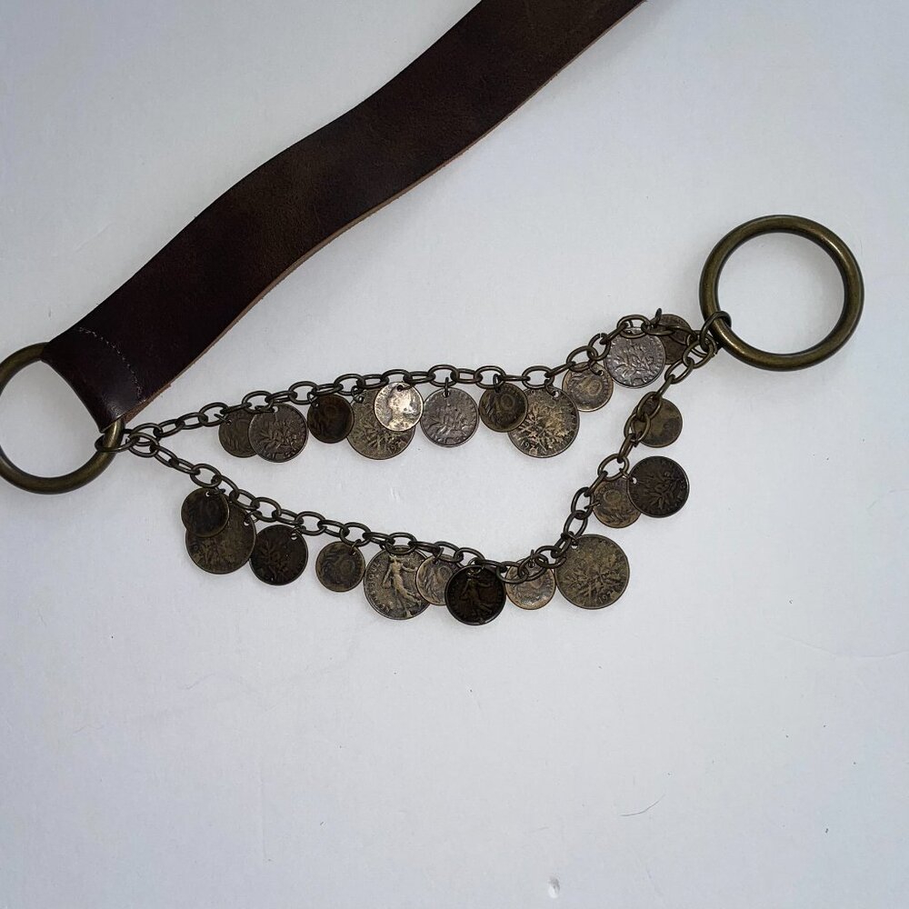 Antoniazzi Brown Leather Belt with Coin Chain Accents Handcrafted in Italy. - Picture 5 of 15